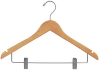 17" Natural Wood Combination Hanger with Clips - Chrome Hook