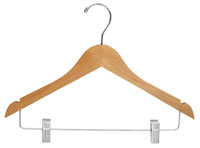 15" Natural Wood Combination Hanger with Clips - Chrome Hook