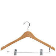 17" Natural Wood Combination Hanger with Clips - Chrome Hook