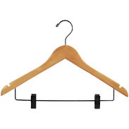 17" Natural Wood Combination Hanger with Clips - Chrome Hook